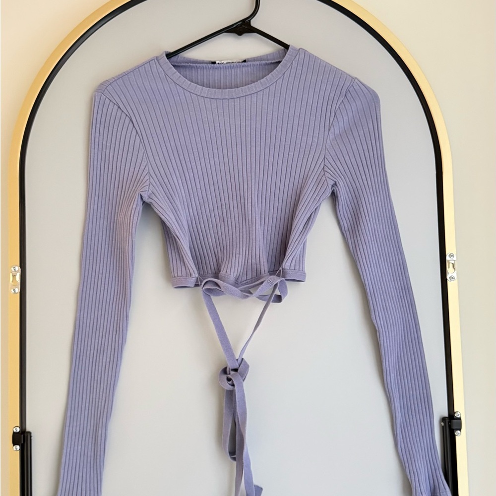 Zara Purple Ribbed Tie-Front Crop Top